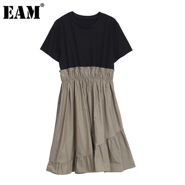 

[eam] women khaki pleated spliced ruffle dress round neck short sleeve loose fit fashion spring summer 1dd8150 210512, Black;gray