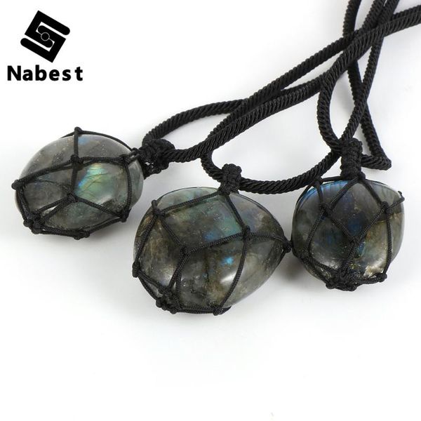 

women men natural labradorite moonstone pendant necklace braided rope wrap gem stone adjustable sweater chain jewelry 26-38mm necklaces, Silver