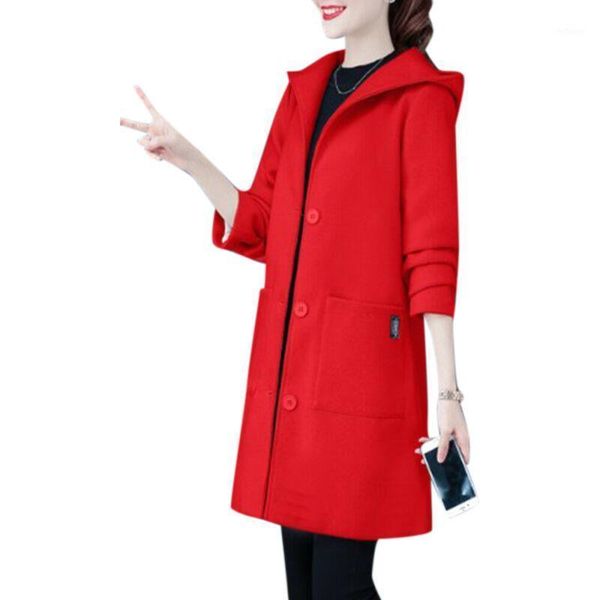 

women's wool & blends winter solid button coat women hooded female warm woolen casual overcoat plus size long trench jacket, Black