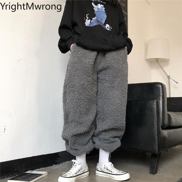 

solid gray blue black elastic waist faux fur lambswool warm track jogger pant baggy sweatpant loose harem korean streetwear fall women', Black;white