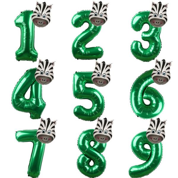 

party decoration 2pcs 32'' green number foil balloons jungle animal ballon zebra figure 1 2 3 year kid boy girl happy birthday dec