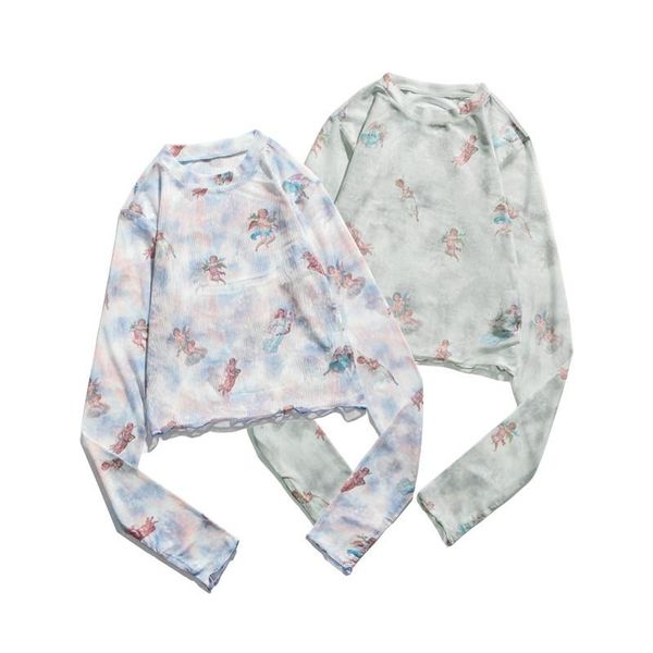 

spring and summer long sleeve perspective blouse trend cartoon print sun proof korean version small fresh t-shirt women's top, White