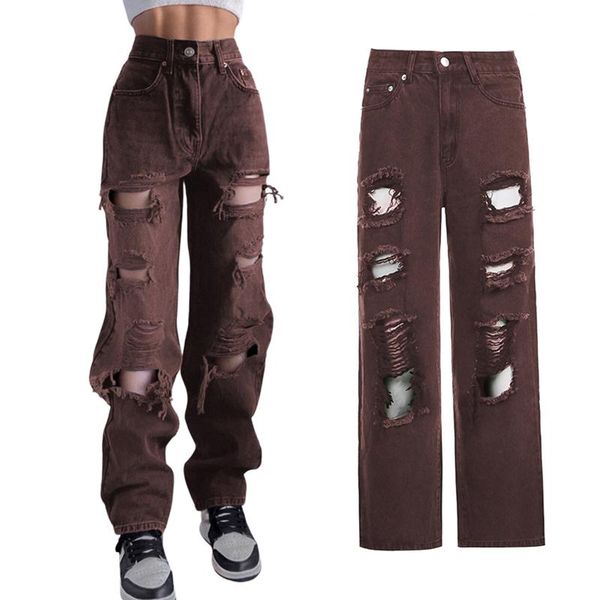 

women's jeans kayotuas women brown high waist straight trousers ripped solid color female hole ladies hollow out denim girls streetwear, Blue