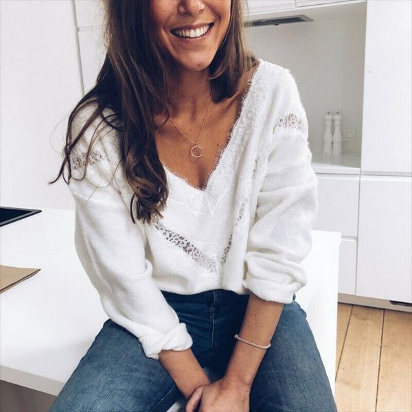 

fashion autumn winter women sweaters casual v neck lace jumper pullovers loose knitwear, White;black