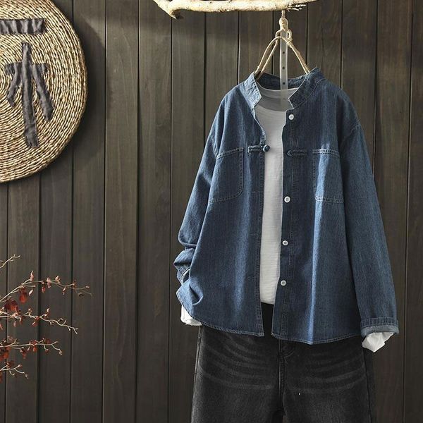

women's blouses & shirts spring arts style women long sleeve loose stand collar casual cotton denim vintage button femme m241, White
