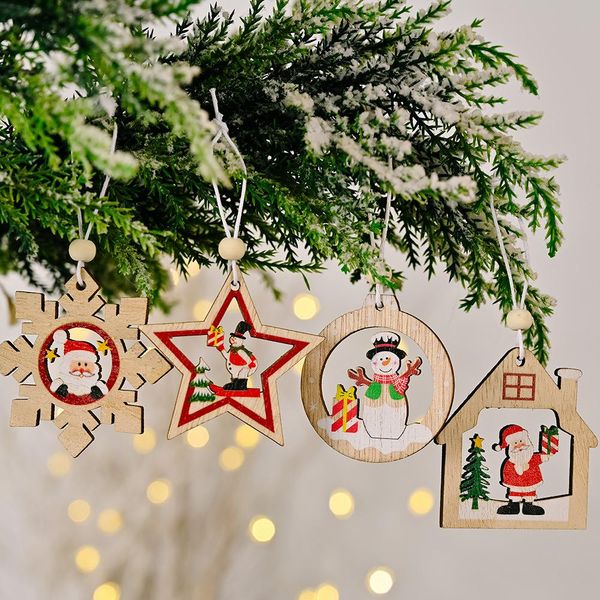 Conjunto de 4 enfeites de árvore de Natal, decorações de suspensão de madeira de inverno ano novo floco de neve sinos estrela árvore decoração de casa decoração de férias