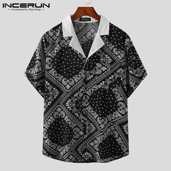 

men's casual shirts summer men shirt printing turn down collar short sleeve streetwear clothing loose button 2021 camisas s-3xl incerun, White;black