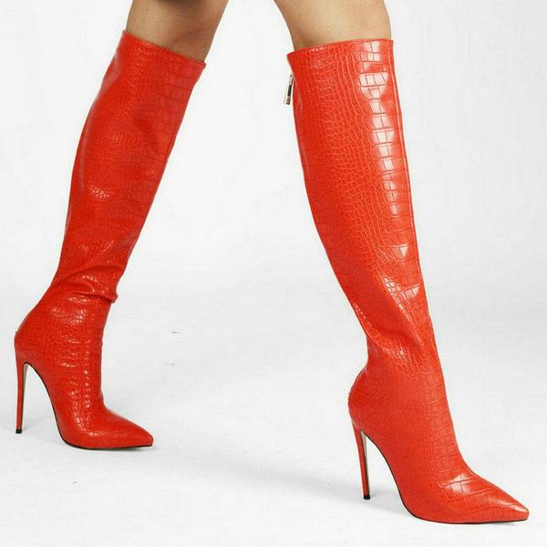 

boots 2021 women knee high fashion pointed toe thin heel ladies calf faux leather quality zipper, Black