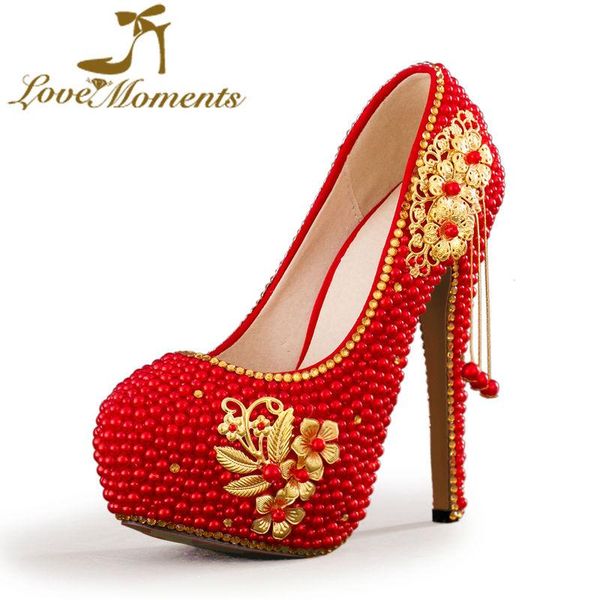

love moments women red pearl wedding shoes bride dress high heels pumps platform party fashion spring, Black