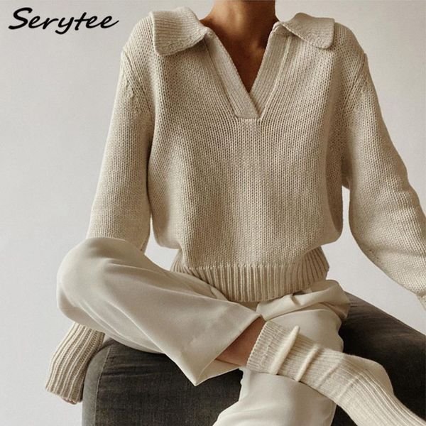 

serytee autumn winter soft warm pullover sweaters women 2021 turn down collar long sleeve loose knitted streetwear, White;black