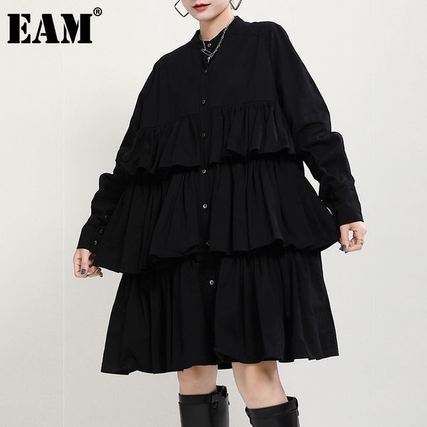 

[eam] women big size ruffles pleated dress stand collar long sleeve loose fit fashion spring autumn 1dd1568 210512, Black;gray
