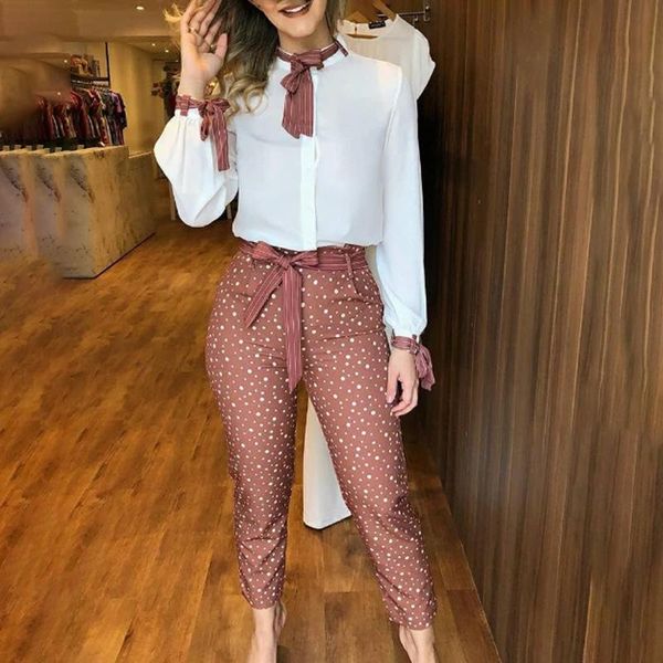 

elegant women two piece set office lady suits long sleeve tied detail & polkadot print pants women's, White