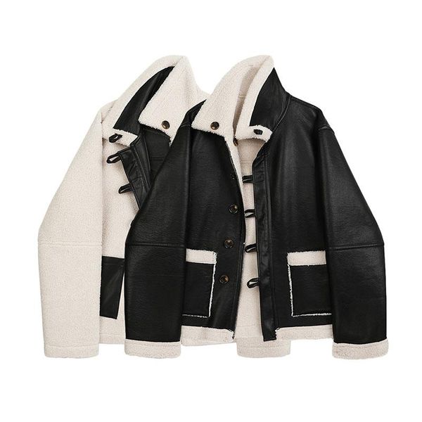 

women's leather & faux women fur jacket lady coat plush belt woman contrast color winter thick warm casual female outerwear, Black