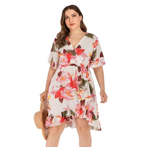 

casual dresses boho dress summer women 2021 fashion female v neck short sleeve floral print ruffles plus size white beach, Black;gray