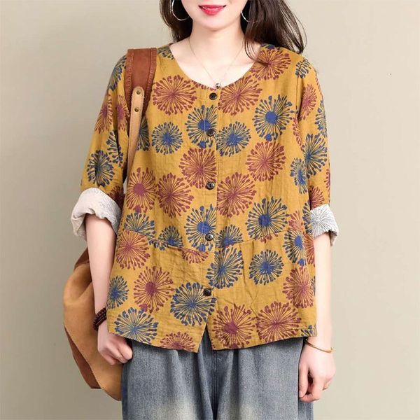 

women's wool & blends spring arts style women long sleeve loose o-neck coat cotton linen vintage print single breasted coats femme, Black