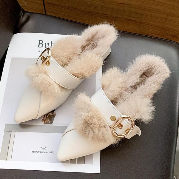 

slippers closed toe indoor metal decoration winter women fur flat with shoes classics mature elegant solid slides, Black