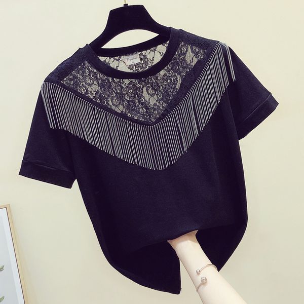 

tassel patchwork o neck all match summer loose casual woman tshirts 210421, White
