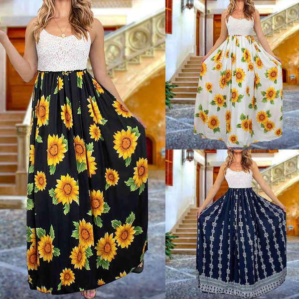 

sleeveless lace printing sling women dresses plus size v neck ankle length daily, Black;gray