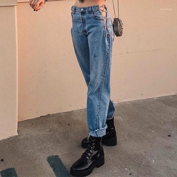 

women's pants & capris summer side cross chain hollow out wide-leg jeans high waist elegant ladies europe fashion, Black;white