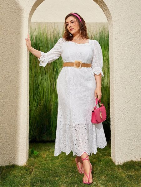 

plus ruffle detail scallop trim flounce sleeve dress without belt u4du#, Black