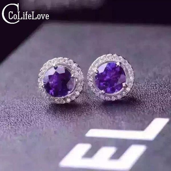 

simple design amethyst stud earrings solid 925 sterling silver natural 5mm*5mm round, Golden;silver