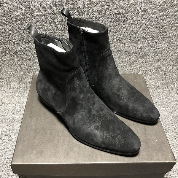 Vintage preto camurça cunha escorregadio masculino botas de costura ocidental vaca brogue forma de negócio formal botas