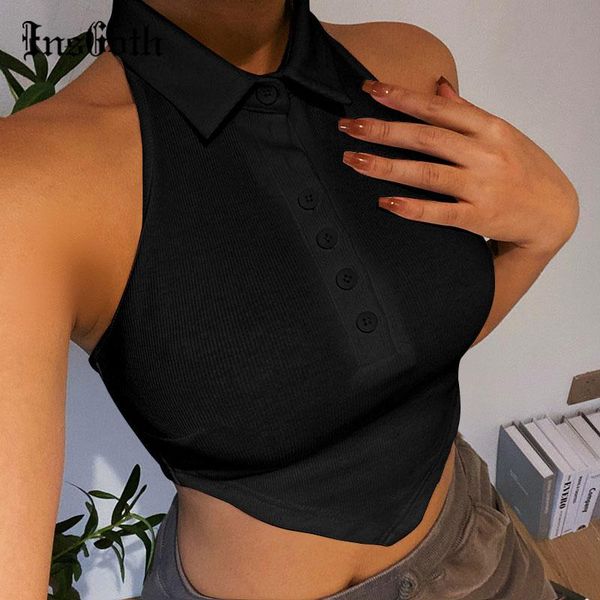 

women's tanks & camis insgoth backless black vintage trurn down collar off shoulder summer punk skinny button up women basic, White