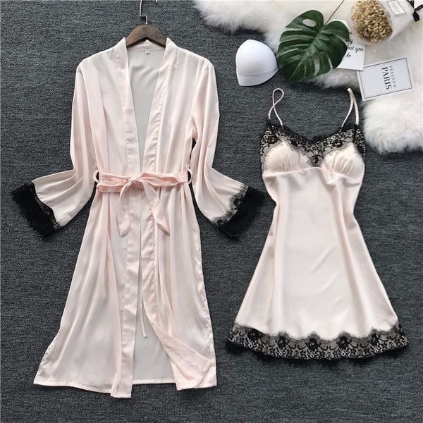 

women's sleepwear fashion faux silk robe gown set winter lace nightgowns dress woman pajamas bathrobe n1pu, Black;red