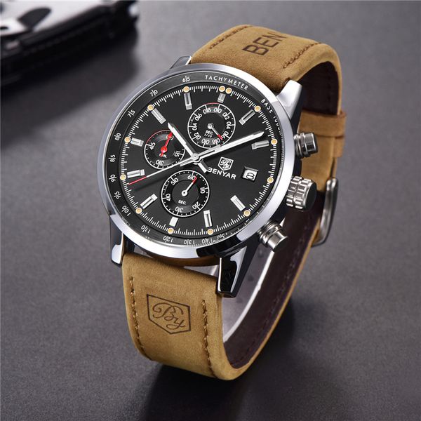 

2021 new benyar brand luxury mens watch quartz clock waterproof automatic chronograph men military watch relogios masculinosg, Slivery;brown