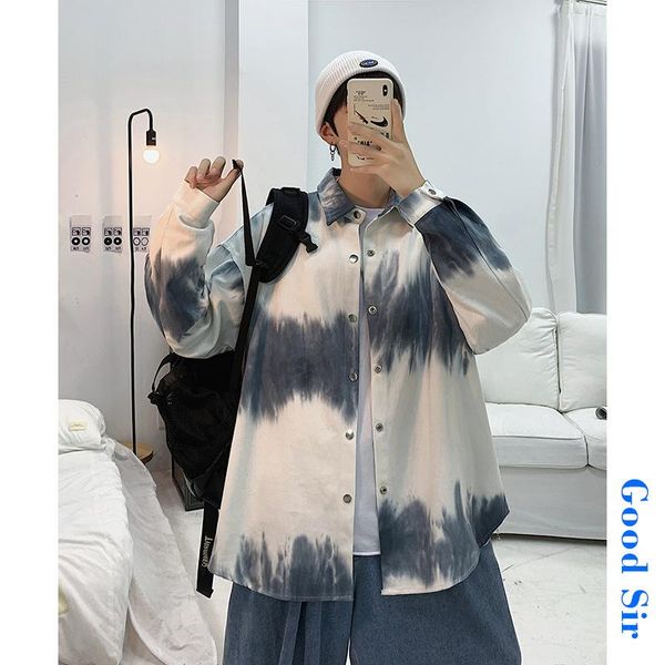 

spring summer tie-dye shirt men korean fashion loose casual harajuku streetwear hip-hop retro long-sleeved men's shirts, White;black