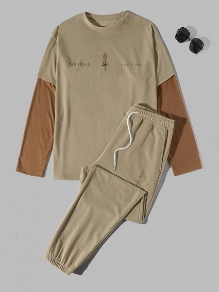 

men letter graphic 2 in 1 tee & drawstring waist sweatpants p6cn#, Gray