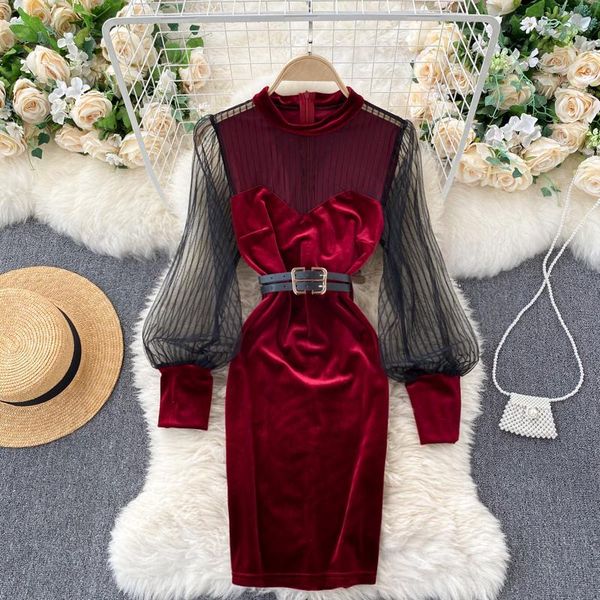

casual dresses autumn winter through mesh patchwork stitching puff sleeve dress retro o-neck velvet short slim waist mini vestidos uk98, Black;gray