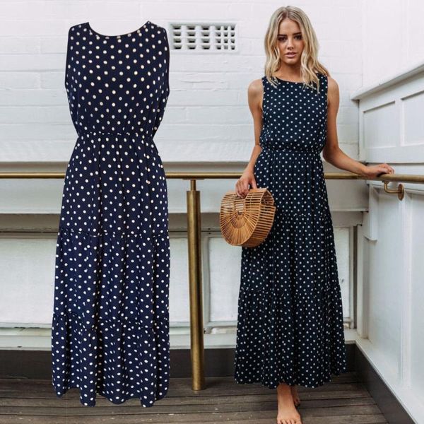 

summer bohemian sweet causal women ladies dress sleeveless dot print blue high waist ankle-length sundress casual dresses, Black;gray