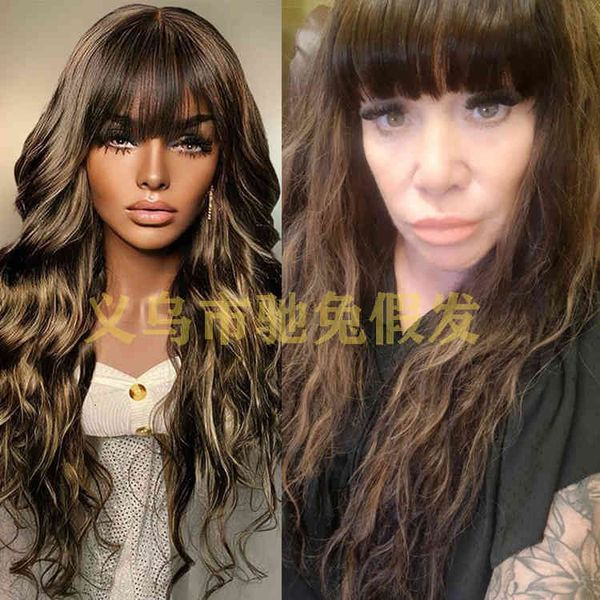 

long curly wig women's fluffy wavy brown chemical fiber head cover, Black;brown