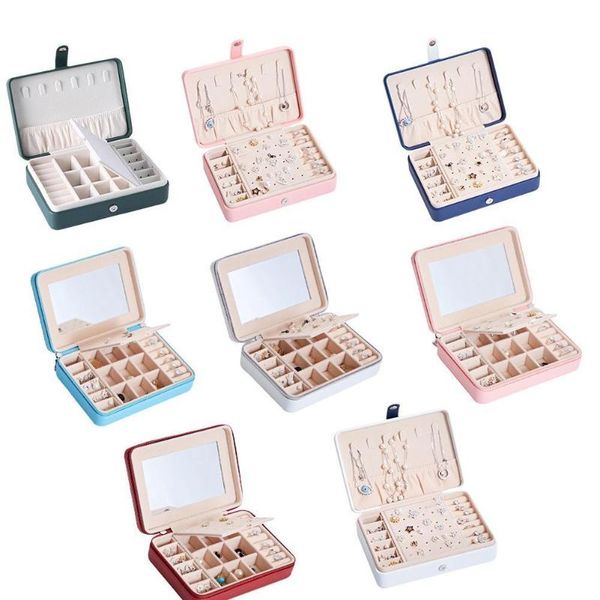 

jewelry pouches, bags 2 layers travel portable ear stud earrings leather storage box large capacity case, Pink;blue