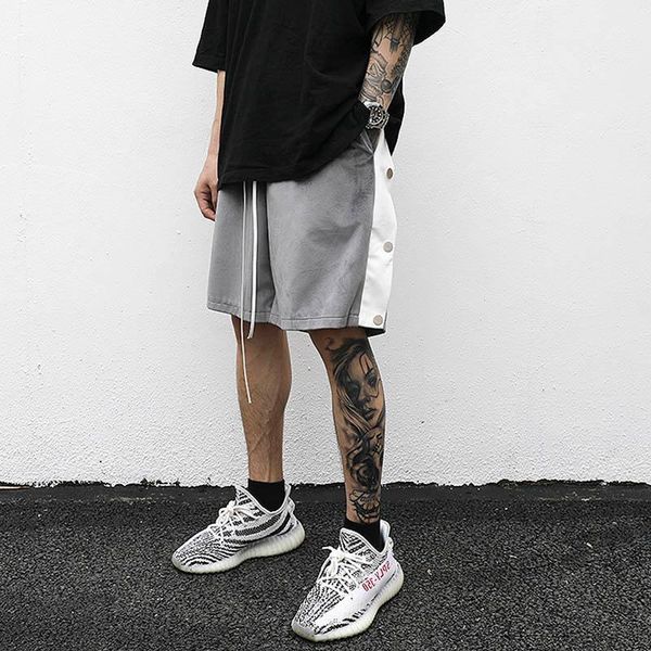 

men's shorts button striped pockets fleece casual mens harajuku drawstring loose summer track oversize hip hop five point pants, White;black