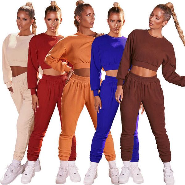 

women's two piece pants 21fw soild color fashion crew neck 2pcs sets designer womens clo ltcn, White
