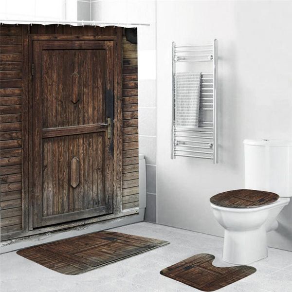 

shower curtains 3d old vintage wood door waterproof bath curtain rug set non-slip mat toliet cover polyester