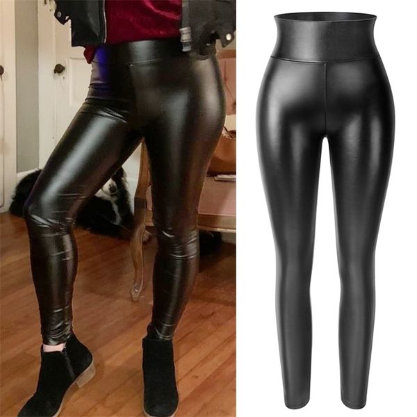 

women faux leather leggings waterproof pu legging stretchy push up black legins fitness elastic skinny pants 211130