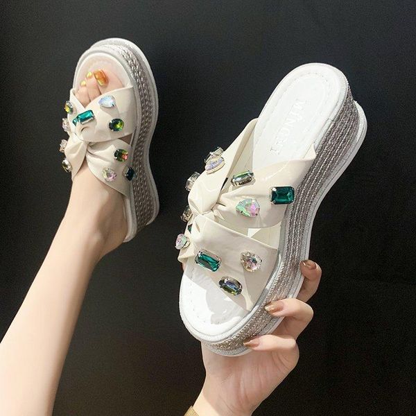 

slippers rhinestones platform sandals woman leather thick bottom slides drop summer open toe wedge women high heels, Black