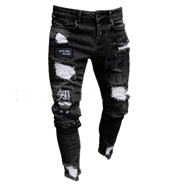 

men's jeans menÂ´s trousers ripped tight-fitting torn edge wear skinny slim fit denim pants motorcycle overalls, Blue