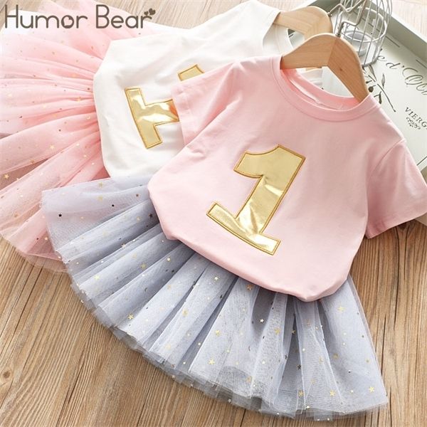 

sets humor bear girl clothes suit summer new embroidered number short sleeve t-shirt+mesh skirt 2pcs set baby girls clothing 0930, White
