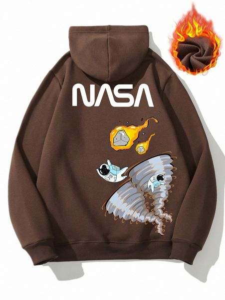 

men astronaut & letter graphic thermal hoodie k3hb#, Black