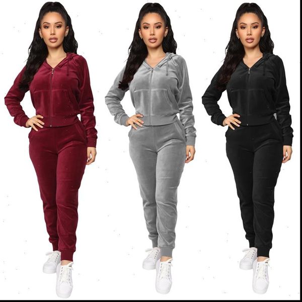 

velvet tracksuit two piece women tracksuits set autumn clothes hooded long sleeve and pants sports jogger suit velour womens, Gray