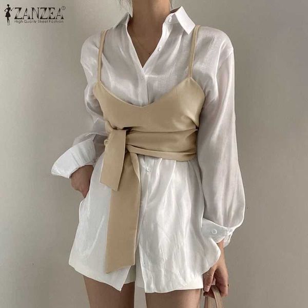 

women's blouses & shirts blouses women fashion ol two piece set shirt spring belted lace up blouse casual solid puff sleeve lapel plus, White