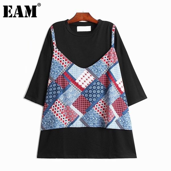 

[eam] women casual fake two printed spliced t-shirt round neck batwing half sleeve fashion spring summer 1dd8286 210512, White