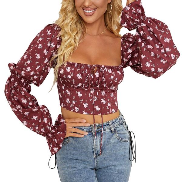 

women's tanks & camis hirigin floral print tie front and blouses shirts square collar puff sleeve elegant vintage shirt chic p, White