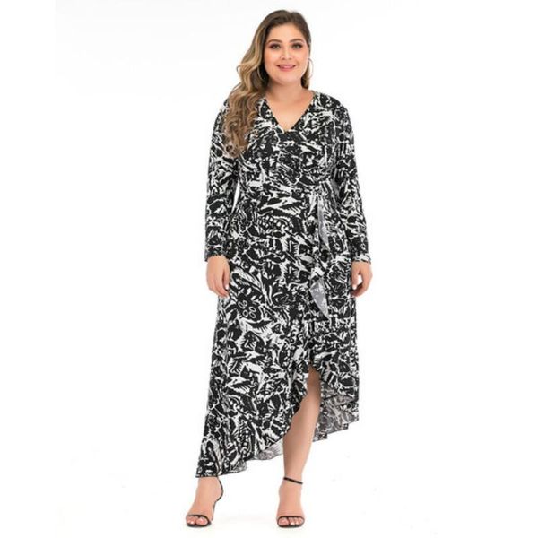 

casual dresses autumn large size long print dress ruffle v neck irregular sleeve plus elegant maxi printed party, Black;gray