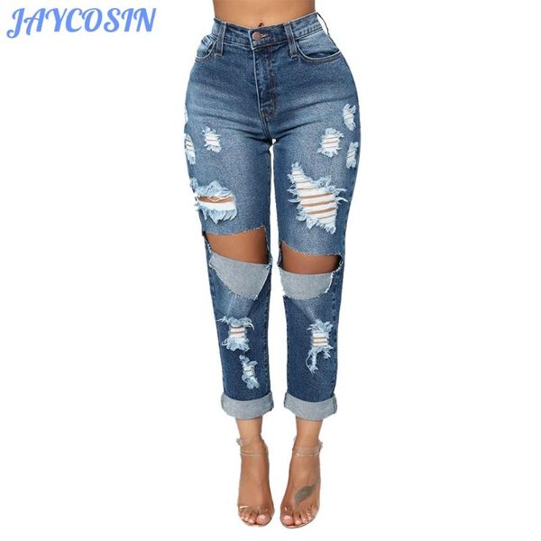 

women's jeans jaycosin women clothes skinny elastic denim trousers ladies casual hole ripped distressed pencil mujer 2021, Blue