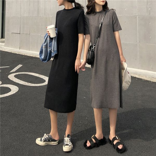 

maxi 2021 long dresses summer women short sleeve t-shirt dress, Black;gray